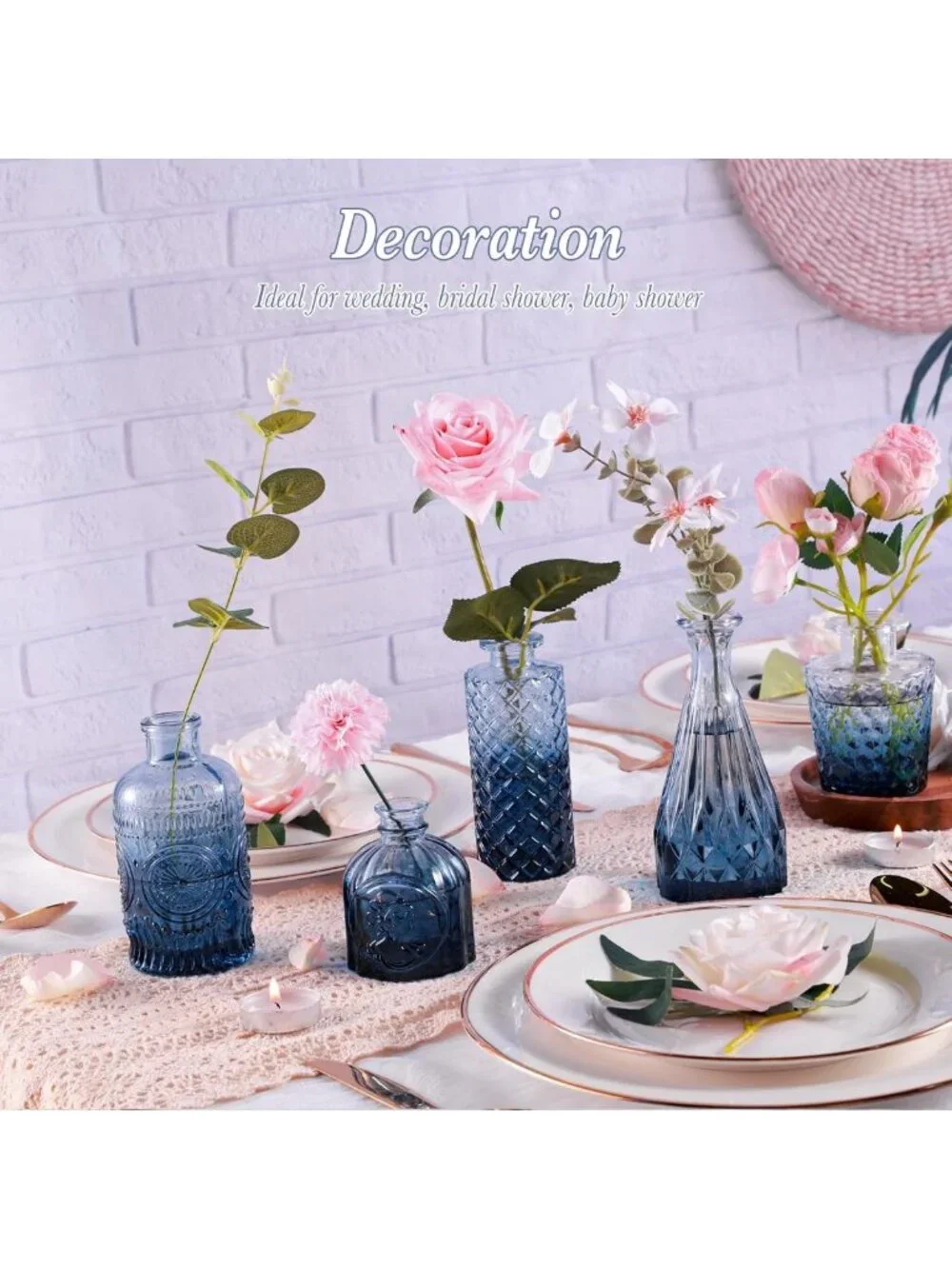 Set of 5 Mini Blue Glass Bud Vases | Vintage Floral Centerpieces for Weddings